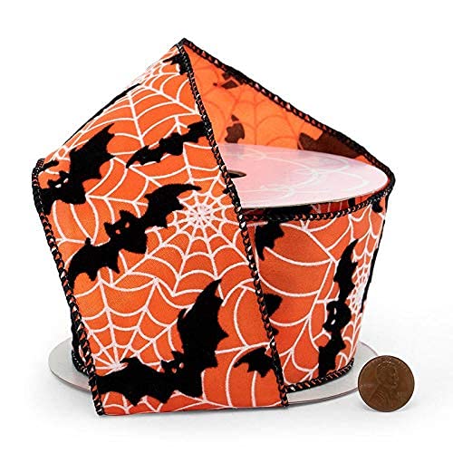 Image of Bats & Webs Halloween Wired Ribbon - 2 1 /2 inch x 10 Yards, Orange & Black, Bows, Wreath, Party Decor, Trick or Treat, Haunted House, Fundraiser, Classroom, Daycare