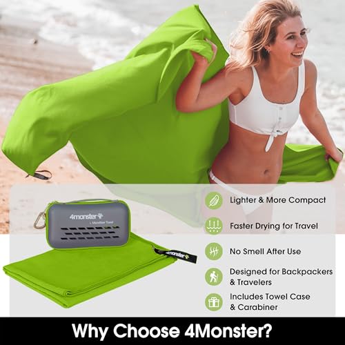 Image of 4Monster Quick Dry Travel Towel with Case & Carabiner - Super Absorbent Microfiber Gym & Camping Towel. Compact, Lightweight, Fast Drying for Beach, Swimming, Hiking, Backpacking