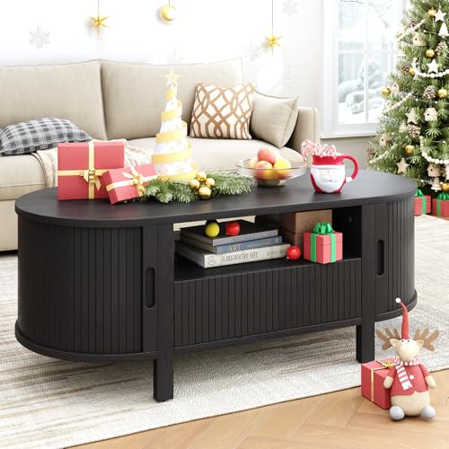 ONBRILL 47.2 Inch Oval Coffee Table with Storage, Mid Century Modern Coffee Table with Drawer, Center Table with Sliding Door and Wood Fluted Handle for Living Room, Black