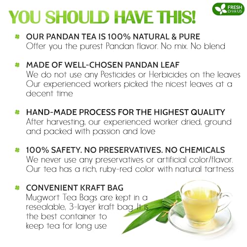 Image of FreshDrinkUS, Premium 75 Pandan Leaf Tea Bags, 100% Natural & Pure from Pandan Leaves. Loose Leaf Pandan Herbal Tea. Made with Natural Material Tea Bags. No Sugar, No Caffeine, No Gluten, Vegan.