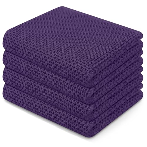 Homaxy 100% Cotton Waffle Weave Kitchen Dish Towels Ultra Soft Absorbent Quick Drying Cleaning Towel 13 x 28 Inches 4-Pack Eggplant