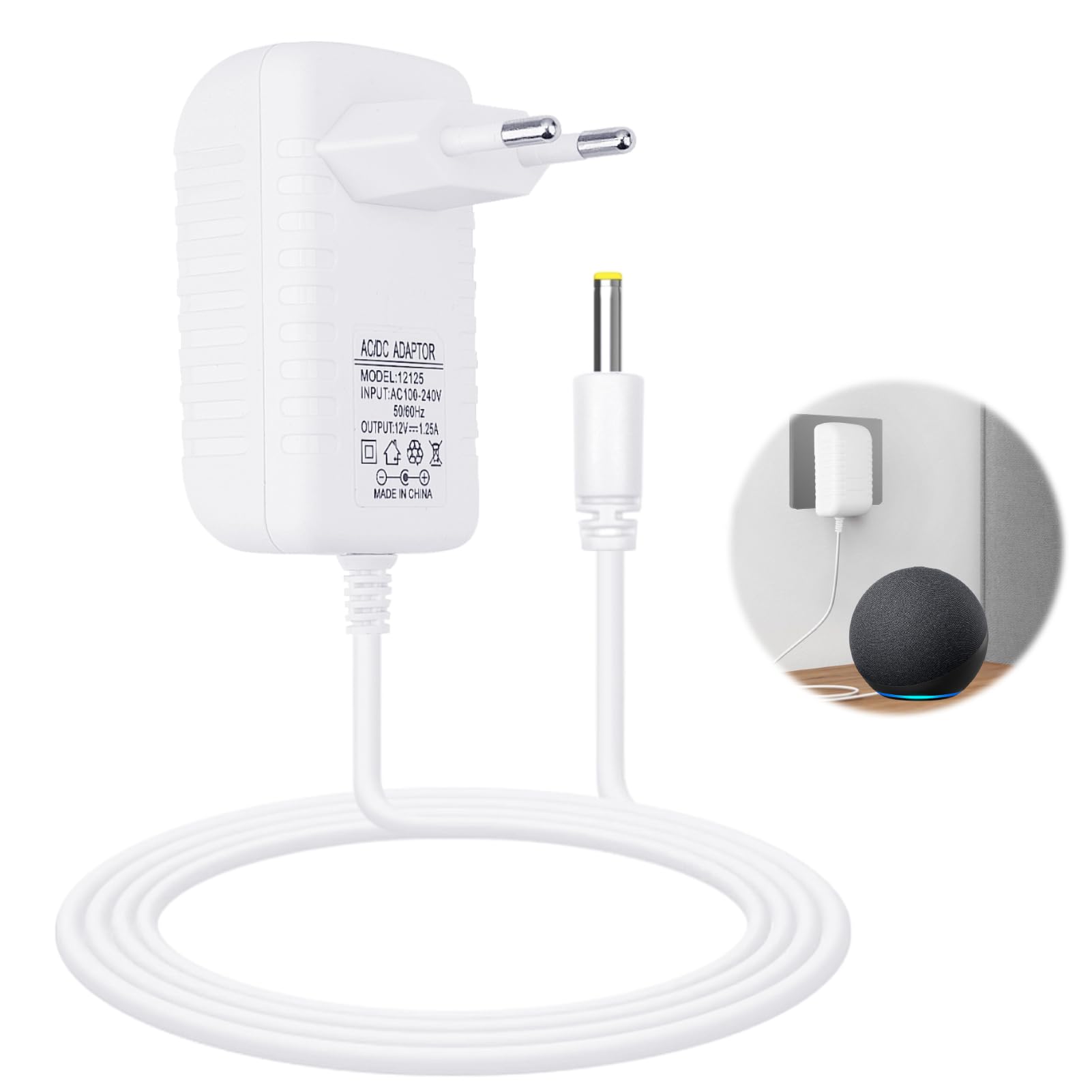 15W Echo Power Supply Compatible con Amazon Echo Dot (3rd 4th 5th Gen) Echo Show 5 1.ª y 2.ª Gen, Echo Spot, Echo Pop, Fire TV Cube Cable de alimentación 12V Charger Cable 2M/6.56ft