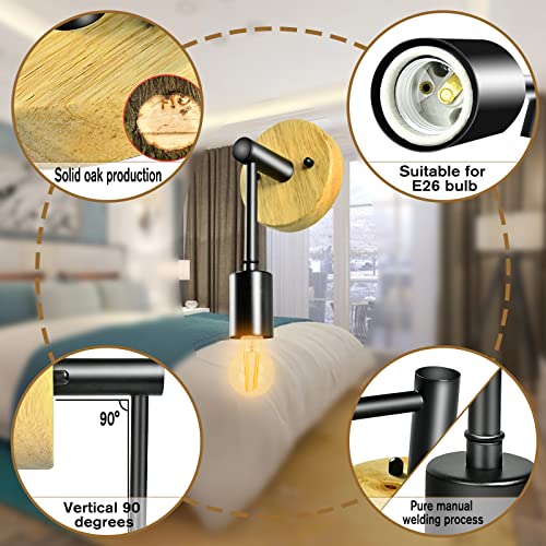 Wall Sconces Set Of Two, Solid Oak Wood Base Hanging Wall Lamp With E26 Base For Bathroom, Vintage Industrial Wall Lamp Pole Wall Mount Lighting Fixture For Hallway And Bedroom #TOP2