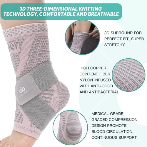 Image of INDEEMAX Ankle Brace for Sprained Ankle Compression Sleeve, 2 Pack Copper Infused Ankle Support Brace for Women & Men, Plantar Fasciitis Relief Achilles Tendonitis, Sports Running, Pink Silver, XL