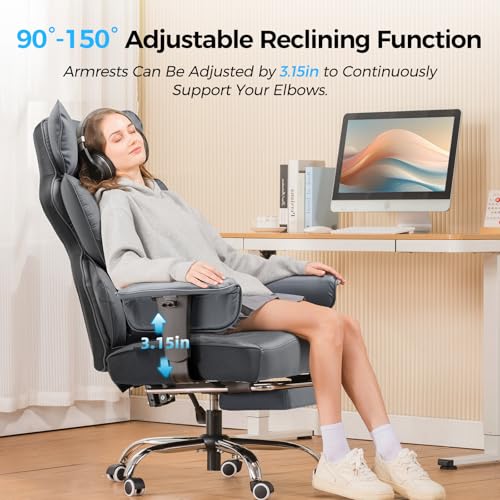 Image of GTPLAYER Big and Tall Gaming Chair 400lbs Heavy Duty Office Chair with Foot Rest & Ergonomic Pocket Spring Lumbar Support, High Back 3D Saddle Shaped Cushion for Back Pain Relief, Grey