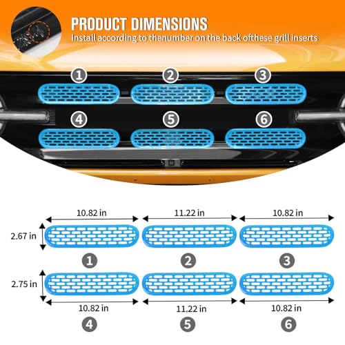 Image of Jimen Compatible with Ford Bronco 2021-2023, 6PCS Front Grille Inserts Mesh Grill Cover Exterior Trim Accessories (Light Blue)