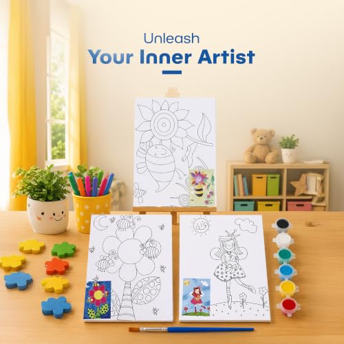 Image of Neomate Canvas Painting Kit for Kids | DIY Painting Set with 3 Printed Canvas, 6 Acrylic Paint Pots & Brush | Art and Craft Kit, Paint Kit for Kids, Birthday Gift, Return Gift, Creative Activity Set