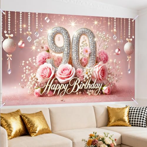 Image of Nuxovilar 90th Birthday Banner - Elegant Pink & Gold Floral Backdrop | with Glitter inch90 inch Sign, 71x43 Inch Large Party Decor for Women & Men, Reusable Indoor /Outdoor Hanging