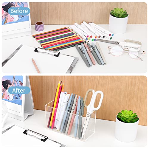 Uquelic Acrylic Pen Pencil Holder, 2 Compartments Clear Pen Pot - Image 3