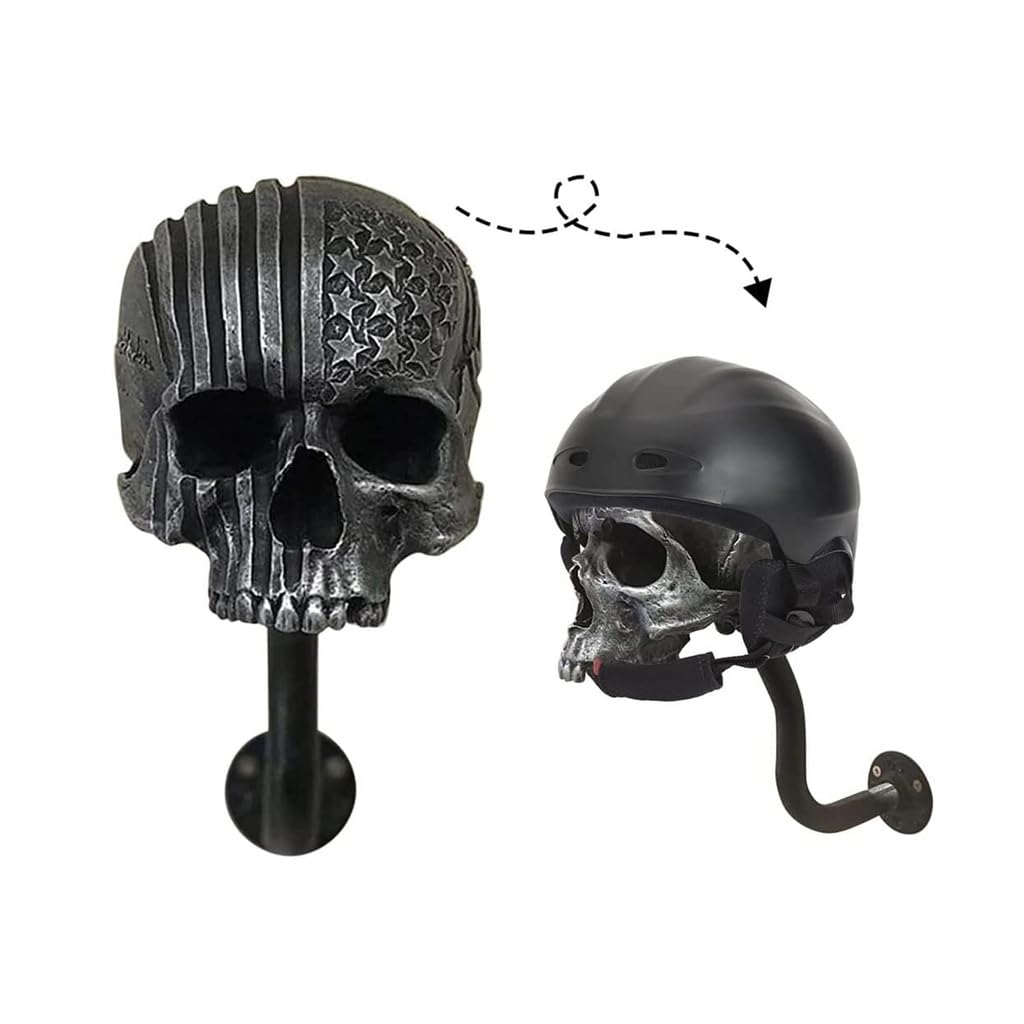 Porta Casco da Moto con Teschio,Supporto a Parete per Casco da Moto in Resina Rimovibile, Gancio per Casco da Bici, per Caschi da Baseball, Pallacanestro(Gray)