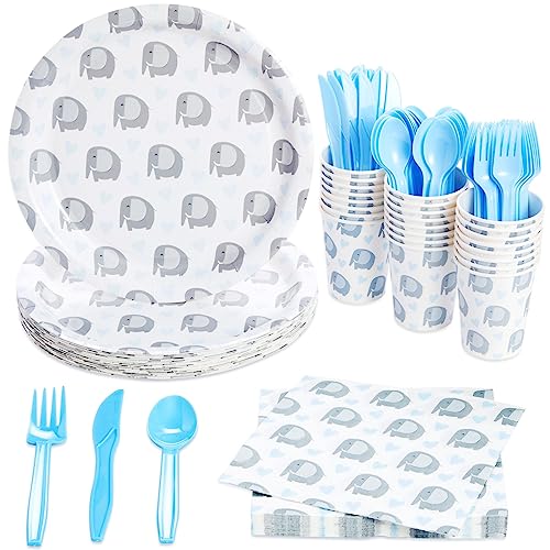 BLUE PANDA Elephant Baby Shower Decorations for Boy Theme, Baby Boy Birthday Party Supplies With Paper Plates, Napkins, Cups, and Cutlery (Serves 24 Guests, 144-Piece Set) - Elephant Party Decorations