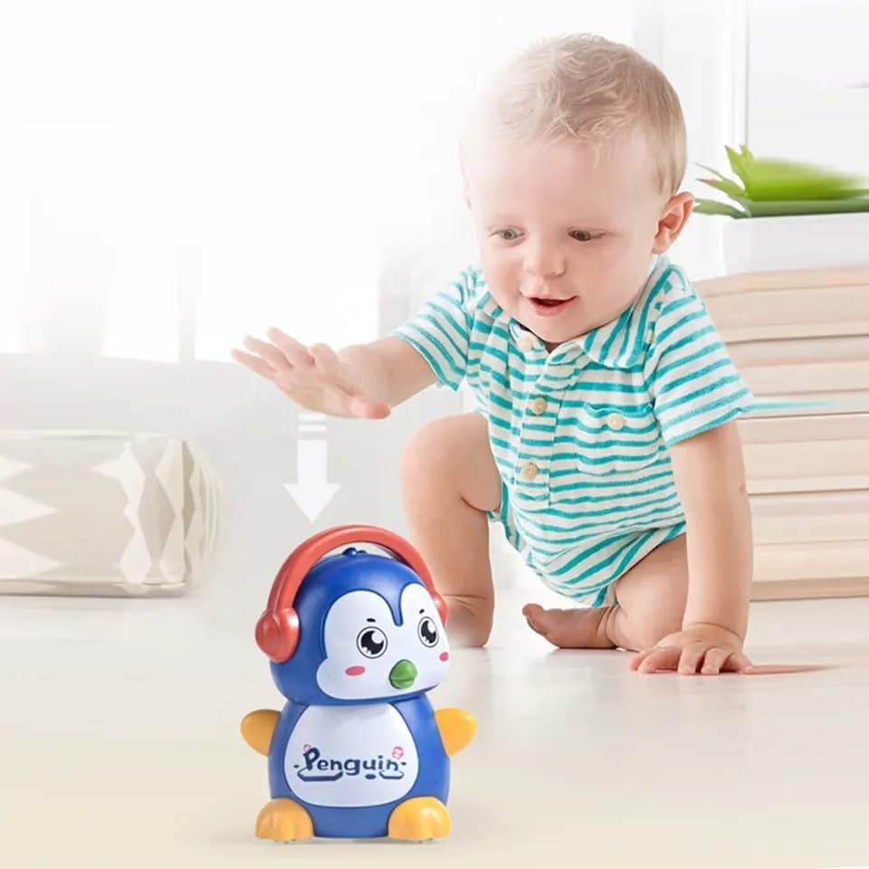 Bluebell Pack of 4 Penguine Plastic 360 Degree Rotation Head Animal Sliding Cartoon Press go, Walking Penguin Press and Run Toys Customized Kids 360 Degree Press and Go Inertial Toy (Penguin) 1