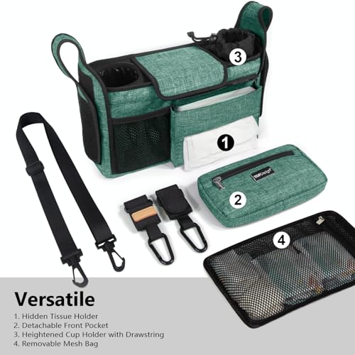 Image of TOPDesign Universal Baby Stroller Organizer, Stroller Caddy with Detachable Mesh Bag & Heightened Insulated Cup Holders & Non-Slip Secure Hooks Accessories, Fits Most Strollers (Green)