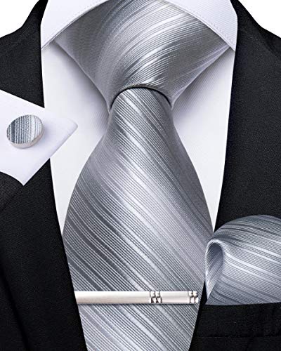 DiBanGu Gravata de cor sólida para homem, gravata formal de seda e lenço, abotoaduras de gravata para festa de casamento, Prata, Tamanho único