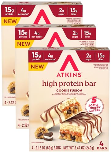 Image of New Atkins High Protein Bars, Cookie Fusion Flavor, 15g of Protein, 4g Net Carbs, 4 Count (Pack of 3)