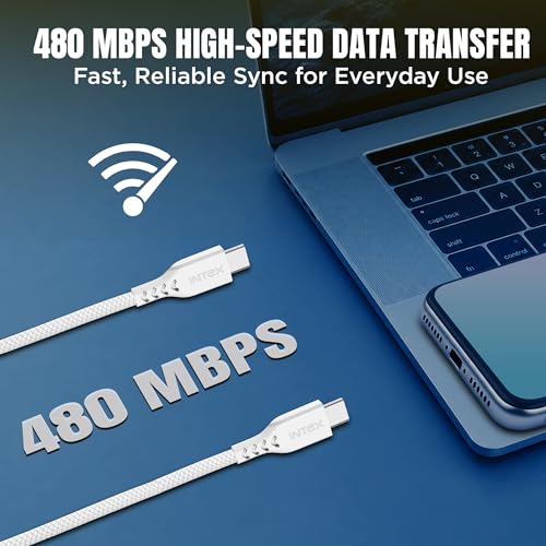 Image of Intex Speed Pro 65W Fast Charging Type C to C, 480Mbps, Trangle Free, Data Sync Cable Compatible For Laptop, BT Speaker, Mobile, Tablet, TWS & Other Type C Devices- White