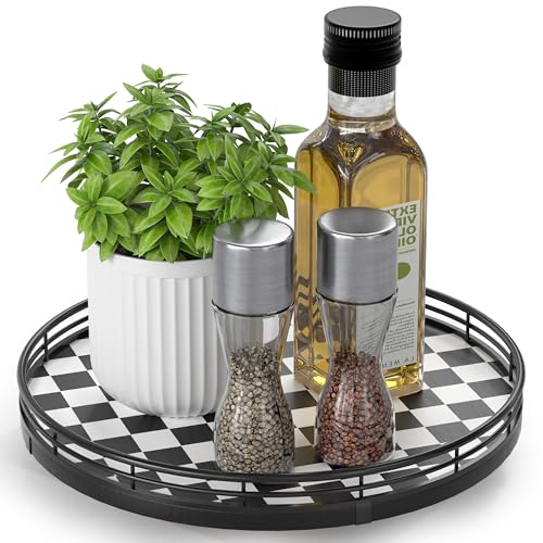 Image of Black and White Kitchen Lazy Susan Turntable - Checkered Round Decorative Tray, 10 inch Table Top Oak Wood Lazy Susan for Cookies, Dining Table Organizer, Small Kitchen Table Centerpiece
