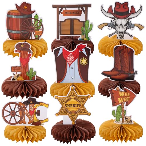 Image of 9pcs Western Cowboy Honeycomb Centerpieces for Wild West First Birthday Party Decorations 1st Rodeo Cowboy Boot Table Centerpieces for Baby Shower One Birthday Celebration Tabletop Sign Decors