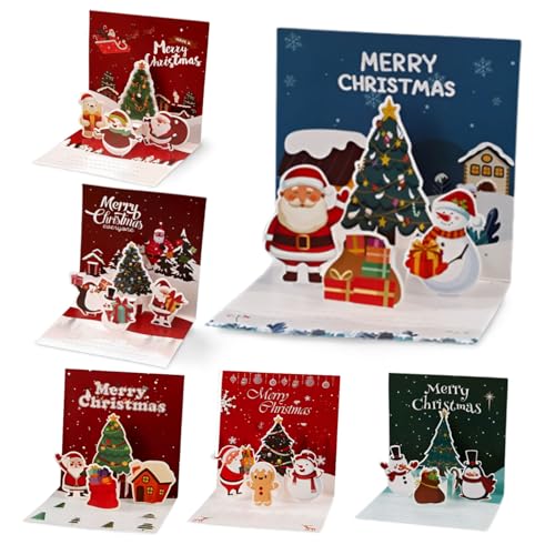 Lot de 6 cartes de Noël pop-up - Motif de Noël 3D avec éléments Merry Christmas et Nouvel An - Carte de vœux festive pour enfants, famille, amis - Avec enveloppe et autocollants