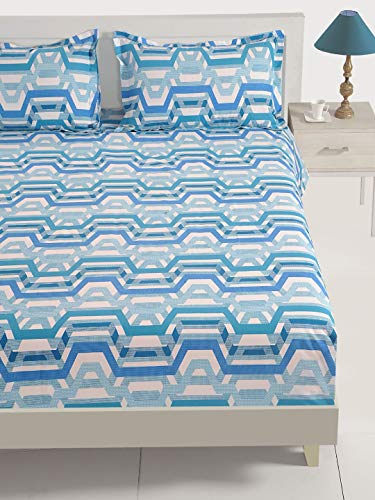 Image of Swayam Roto Cotton Single Bedsheet with 1 Pillow Cover | Size 60 x 90 inch | 144 TC | Geometric Design | Soft Breathable Bed Sheet | Comfortable & Durable for Bedroom - Blue
