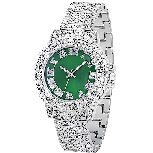oyeaho Watches for Women Diamond Watch Silver Watch for Women Iced Out Watch Rhinestone Watch Stainless Steel Quartz Watch Luxury Watches for Men Bling Watch Fashion Crystal Mens Watches Green Dial