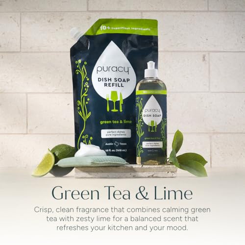 Image of Puracy Natural Dish Soap Refill - Skin-Softening Plant-Based Liquid Dishwashing Detergent Soap, Clean-Rinsing Water-Sheeting Formula (Green Tea & Lime, 48 fl oz)