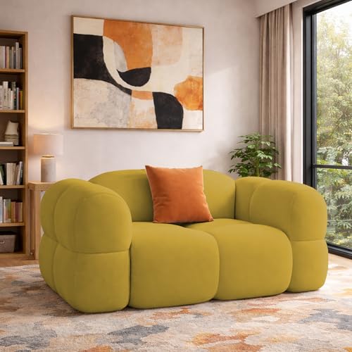 Image of Casaliving Vetras Modern Velvet Bubble Cloud Sofa, Tufted Design Upholstered 1 Seater Sofa Set for Living Room, (Yellow Colour) Premium Velvet Fabric Sofa