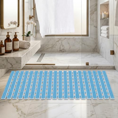 Image of HomeCloud Non-Slip Shower Mat for Bathtub, Anti-Slip Bath Mat with Suction Cups, Drainage Holes & Foot Massage Exfoliating Surface (Vent Blue)