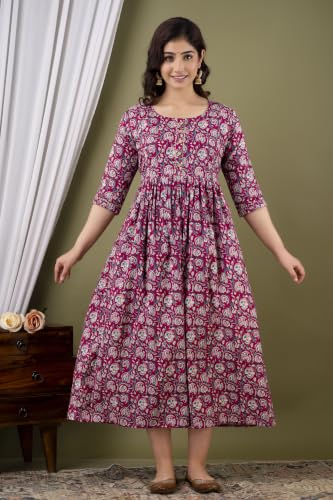 Image of Amazon Brand - Tavasya Women Botanical Floral Printed Maternity Midi Dress | Round Neck | 3 /4 Ruffle Sleeves | Concealed Feeding Zip | Gathered Tiered Nursing Dress