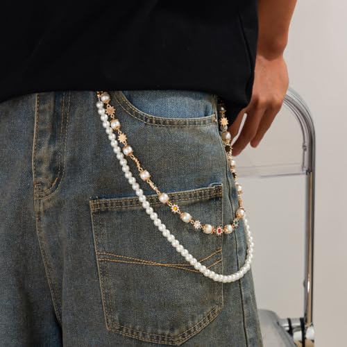 Wallet Chain Layered Pants Chains for Men Women, Punk Jeans Key Chain Accessories Exquisite Rhinestone Flower Pearl2