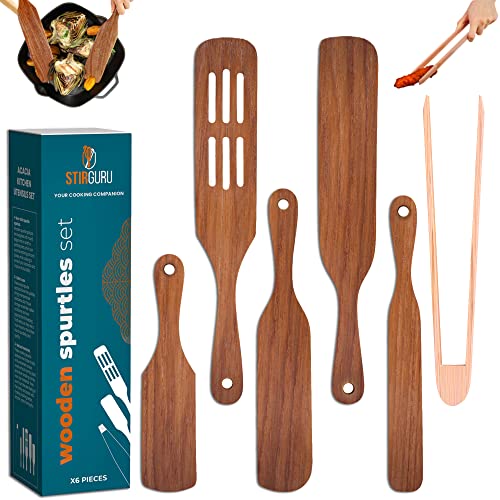 Stirguru Set Of 5 Wooden Spurtle Set + 1 Toaster Tong To Stir And Serve Like A Whiz - Spurtles Kitchen Tools Wooden. Handy For Chef De Cuisine. Acacia Wood Spatula Spurtles Kitchen Tools As Seen On Tv