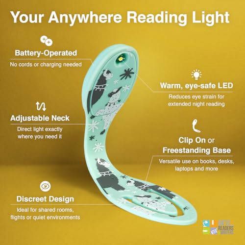 Image of Gifts for Readers & Writers Book Light, Clip On Reading Light for Bed, 2in1 Flexilight & Bookmark, Small & Lightweight with a Soft Glow, 2 Batteries Included, Llama