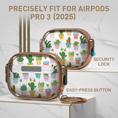 Image of Maxjoy for AirPods Pro 3rd Generation Case with Lock, Clear AirPods Pro 3 Case Lock Protective Hard AirPod Pro 3 Cover for Women Men with Keychain for Airpod Pro 3rd Gen Cover 2025, Cactus