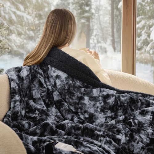 Image of Bedsure Faux Fur Heated Blanket Throw, Tie-Dye Cozy Electric Blanket, Black