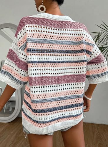 Image of Acelitt Crochet Tops for Women Summer Short Sleeve Sweater | Boho Striped Knit Top, 3 /4 Sleeve, Hollow Out Oversized Sweaters, Lightweight Blouses, Spring Fall Outfits for Beach Vacation