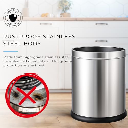 Image of Robustt Stainless Steel Open Top Dustbin - 6L | 8.2Inch (W) x 11.3Inch (H) Silver Trash Can with Anti-skid Base | For Bathroom, Bedroom, Kitchen & Toilet or Commericial Use - Pack of 1