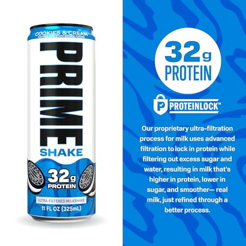 Image of PRIME Shakes, Cookies & Cream, 32g Protein Shake for Muscle Support & Recovery, Ultra-Filtered Milk, Lactose Free, Low Sugar, Low Calorie, Ready to Drink, 11 fl oz, 12 Pack