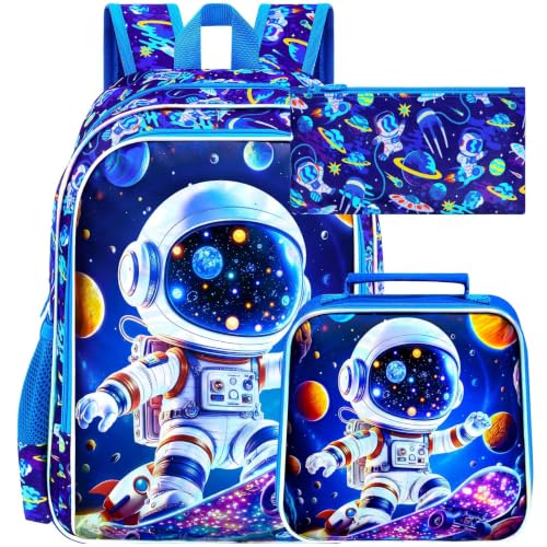 Image of 16 inch Space Boy Backpack, 3Pcs Astronaut Bookbag for Elementary Preschool Kindergarten, Kids School Backpacks with Lunch Box (Blue)