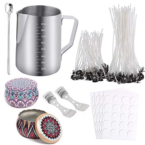 Candle Making Kit, DIY Candles Craft Tools with 1pcs Candle Make Pouring Pot, 100pcs Candle Wicks, 100pcs Wicks Sticker, 2pcs Wicks Holder, 2pcs Metal Tin Jars, 1PC Spoon