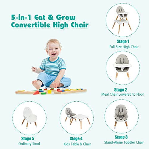 Honey Joy Baby High Chair, 5-In-1 Convertible Wooden Highchair For Babies And Toddlers/Table And Chair Set/Booster Seat/Toddler Chair With Safety Harness, 4-Position Removable Feeding Tray (Gray) #TOP1