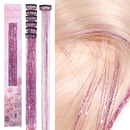 WENNALIFE Hair Tinsel Clip In Hair Tinsel for Girls Pink, 6pcs 24 inch Clips Tinsel Hair Extensions Clip in Colorful Glitter Clips Sparkle Fairy Hair Accessories for Kids