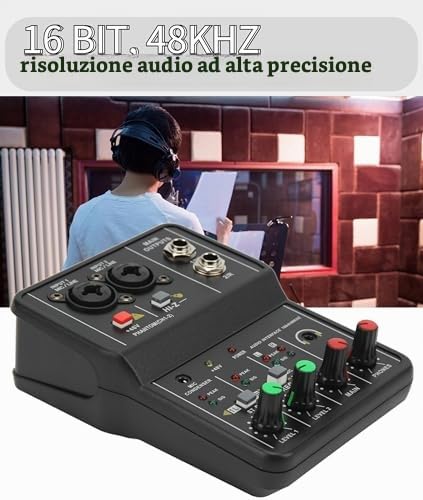 Mini Mixer Audio, 2 Canali USB Portatile Scheda Audio Live Scheda Audio Console con Alimentazione Phantom 48V, Mixer DJ 16 BIT 48 KHZ, per Registrazione Karaoke Streaming Youtube