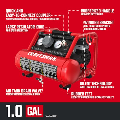 Image of CRAFTSMAN 1 Gallon Ultra Quiet Air Compressor Oil-Free 1 /2 HP Max 125 PSI Horizontal Portable for Car Tires, Nail Gun and Pneumatic Tools