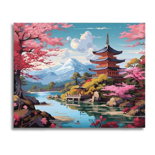 Image of Art Therapy Pcn24 Linen Canvas DIY Paint by Numbers Kit 15 x 20 Inch for with 2 Set of Acrylic Oil Painting Color Set with Brushes for Stress Relief & Home Decoration (Stillness of Sakura)
