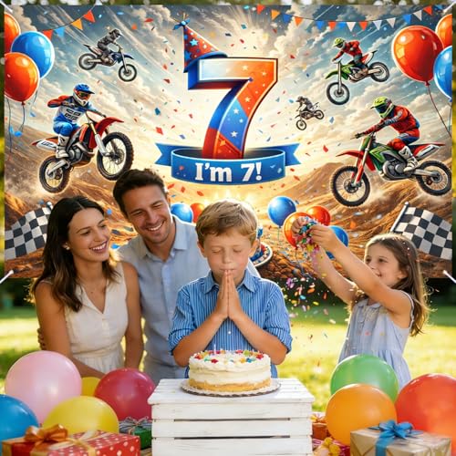 Image of Nuxovilar Happy 7th Birthday Banner Backdrop 71 inchx43 Polyester | Celebrate Party Supplies, Celebration Decor. Dirt Bike Birthday Party Decorations. Yard, Garage, Room. (Dirt Bike 7th)