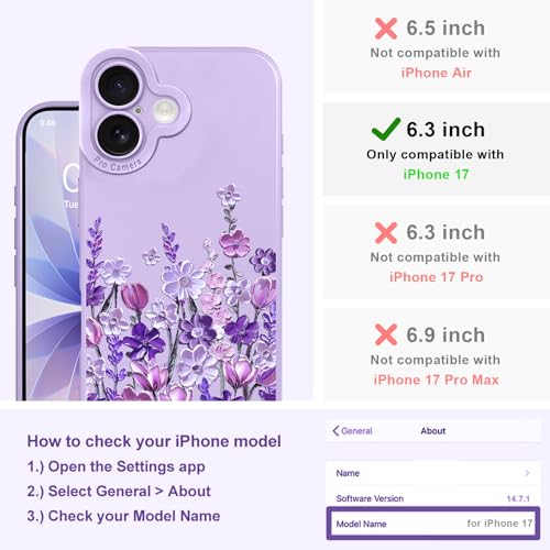 Image of Designed for iPhone 17 Case Floral for Women Girls, Purple | Cute Oil Painting Flower Pattern Liquid Silicone Phone Case [Full Camera Protection] Slim Soft TPU Protective Cover
