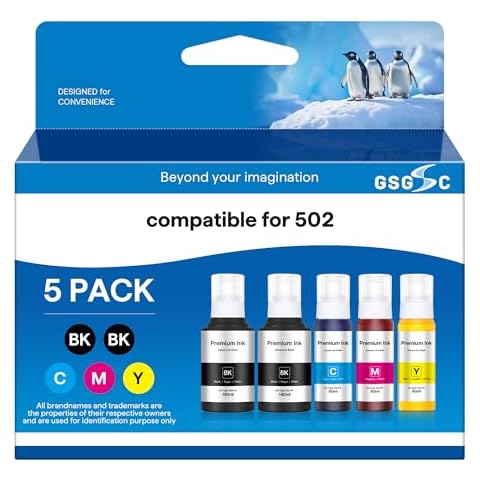 502 High Capacity Refill Ink Bottles Replacement for Epson 502 Ink Refill Bottles to Use with ET-2750 ET2720 ET-2803 ET-2800 ET-3750 ET-4750 ET-3760 ET-4760 ET-2850 ET Printer (5 Packs) Cover