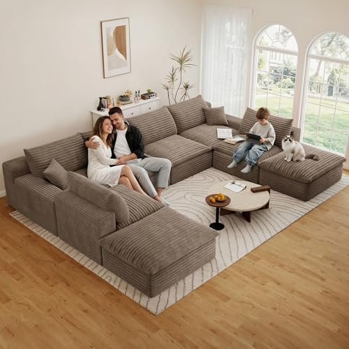 Image of 136 inch Cloud Couch Modular Sectional Sofa for Living Room, U-Shape Boneless Couch with Deep Seat, Modern Corduroy 6-Seater with Ottomans, No Assembly Required, Camel