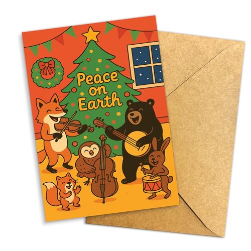 Peace on Earth Christmas Card, Cute Woodland Animal Holiday Greeting, Adorable Fox, Bear, Owl, and B