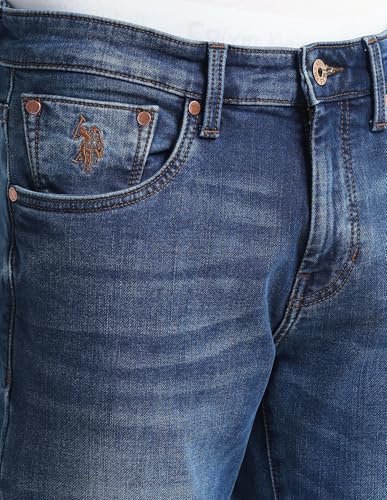 Image of Men's Dark-Blue Solid Mid Rise Light Button Stretchable Cotton Blend 1050 Men's Jeans (UDJEN1274 Dark-Blue 30)